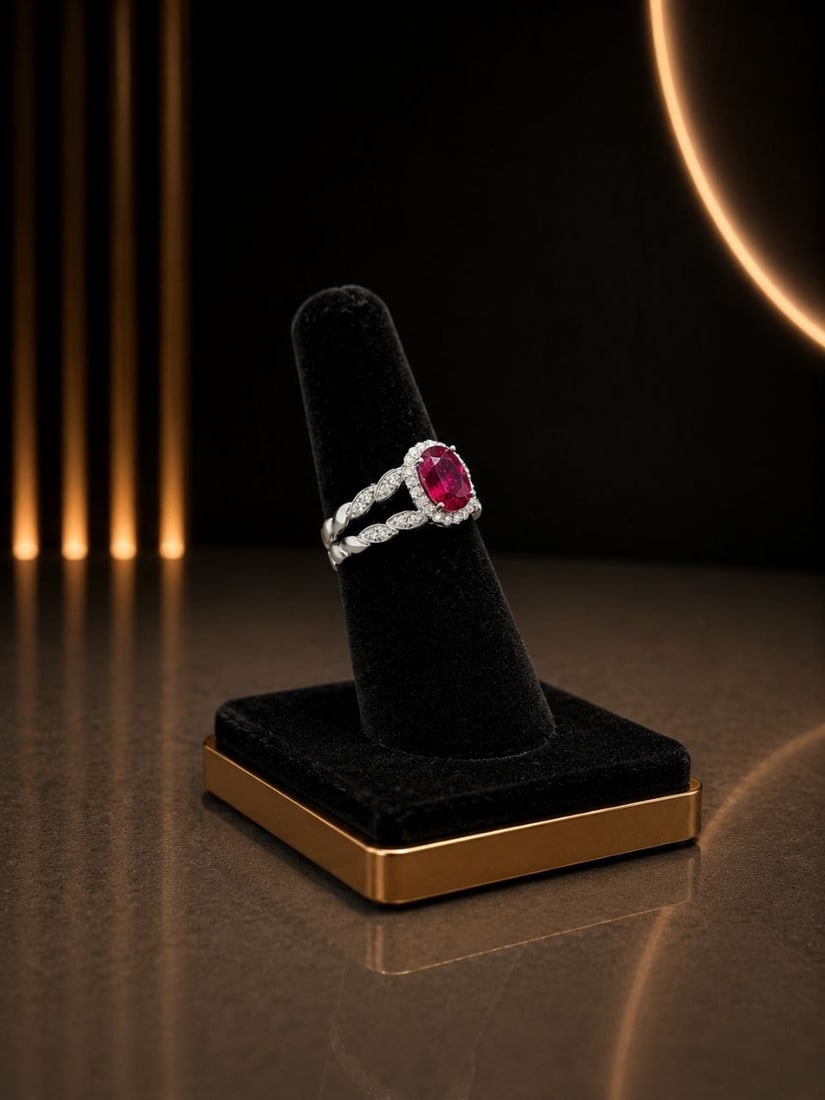 White Gold Ruby Diamond Halo Split Shank Ring: NOTE - Additional lots may be added until the final day of the auction. Please check back regularly for updates and newly added items. A striking Mozambique ruby halo ring featuring a vivid Natural