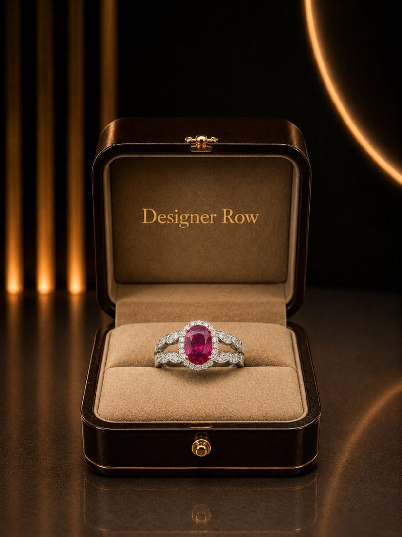 White Gold Ruby Diamond Halo Split Shank Ring - 20