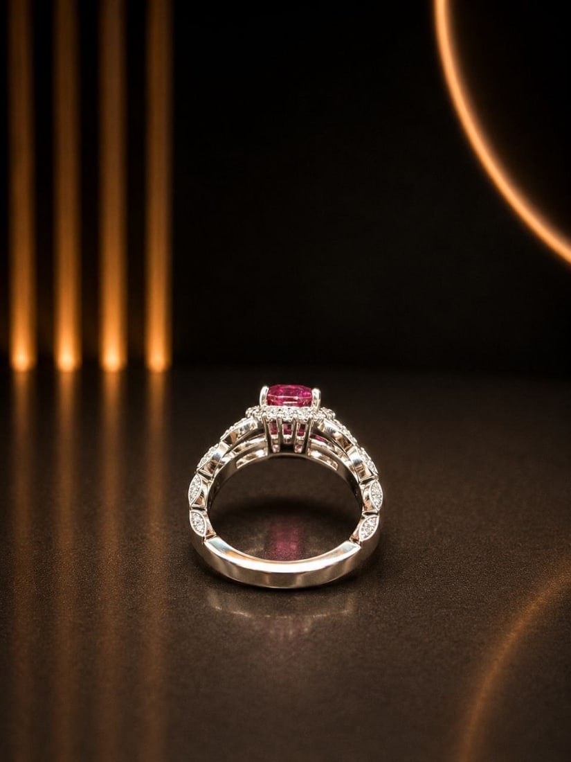 White Gold Ruby Diamond Halo Split Shank Ring - 3