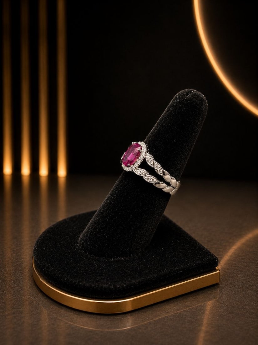 White Gold Ruby Diamond Halo Split Shank Ring - 6