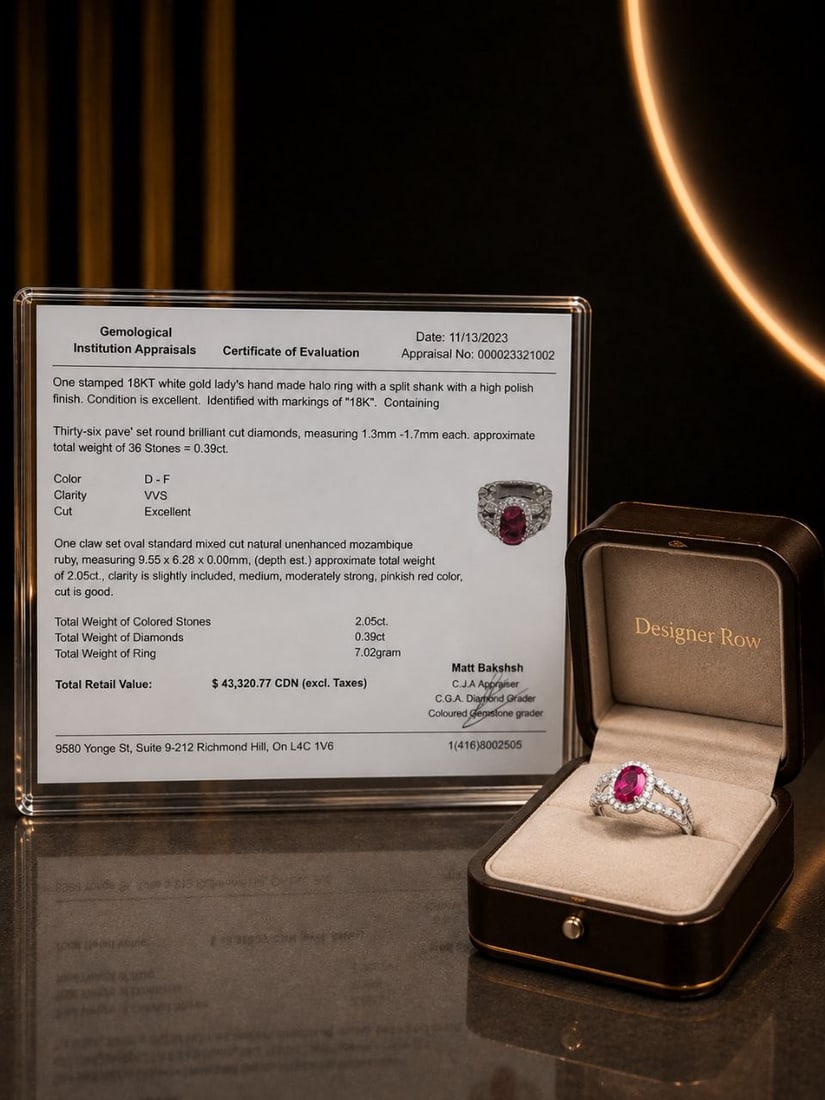 White Gold Ruby Diamond Halo Split Shank Ring - 8