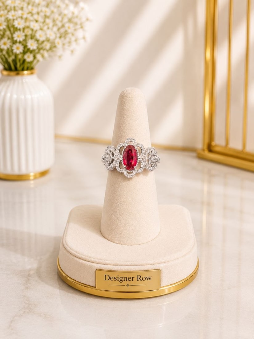 18KT White Gold Natural Oval Ruby & Diamond Vintage-Style Ring (1 of 20)