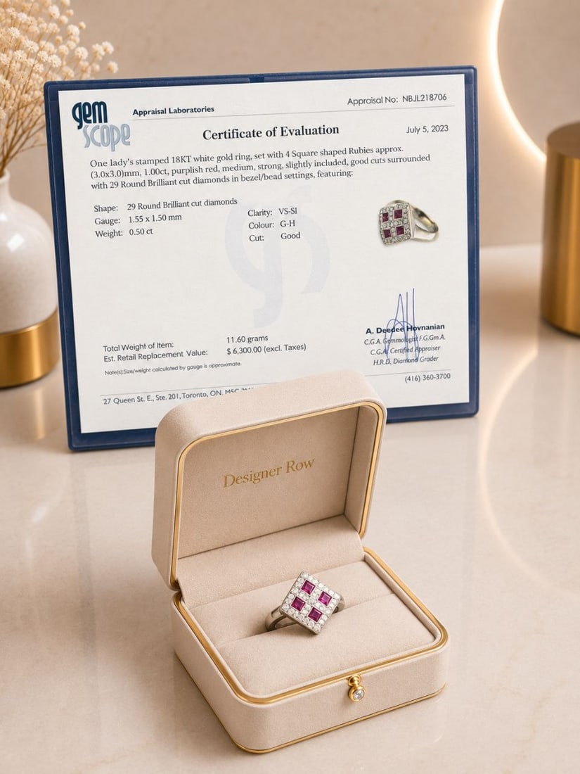 18KT White Gold Square Ruby & Diamond Geometric Ring: NOTE - Additional lots may be added until the final day of the auction. Please check back regularly for updates and newly added items. A bold and distinctive ladies' ring crafted in 18KT white gold, f
