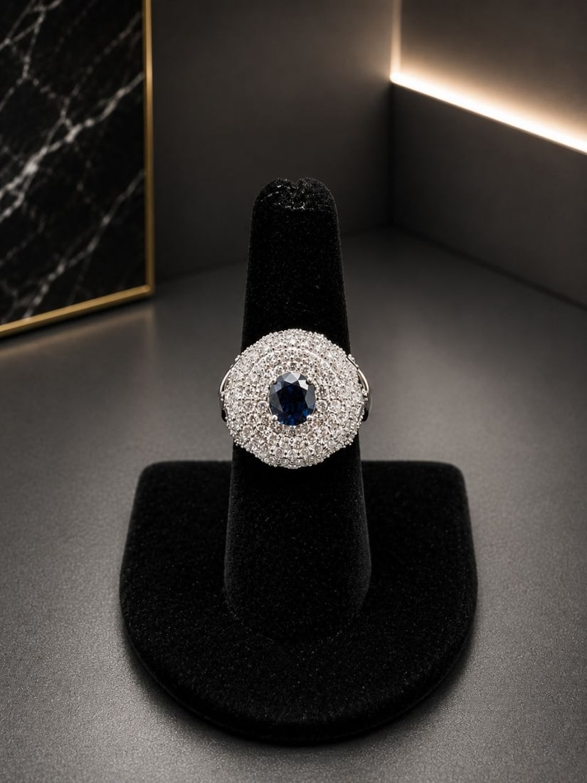 White Gold Natural Blue Sapphire & Lab Grown Diamond Dome Ring: NOTE - Additional lots may be added until the final day of the auction. Please check back regularly for updates and newly added items. A magnificent hand-assembled ladies' ring crafted in 18KT white g