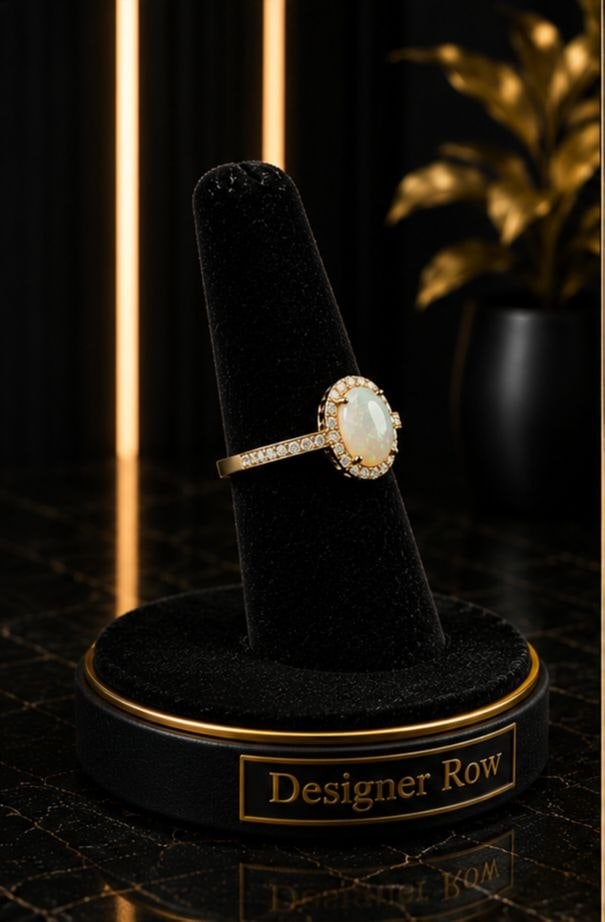 Yellow Gold Natural White Opal & Diamond Halo Ring: NOTE - Additional lots may be added until the final day of the auction. Please check back regularly for updates and newly added items. An elegant ladies' ring crafted in 14KT yellow gold, featuring a 