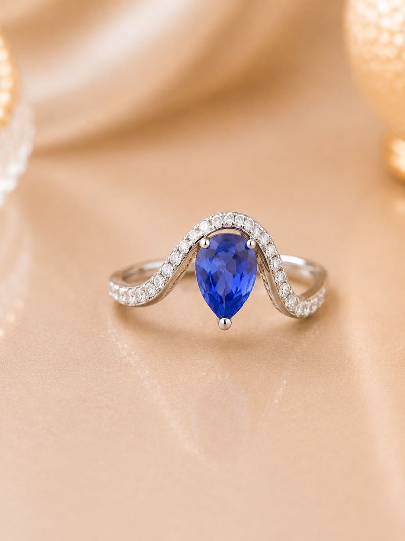 Ceylon Sapphire Diamond Curved 18K White Gold Ring (1 of 20)