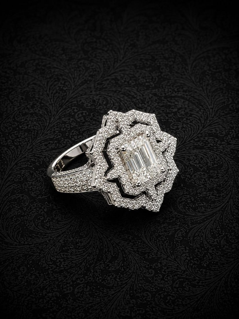 Emerald Lab Diamond Art Deco 18K Ring (1 of 20)