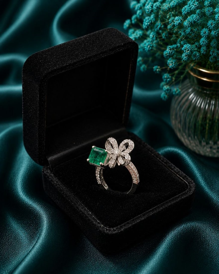Natural Emerald Lab Diamond Bow Ring - 11