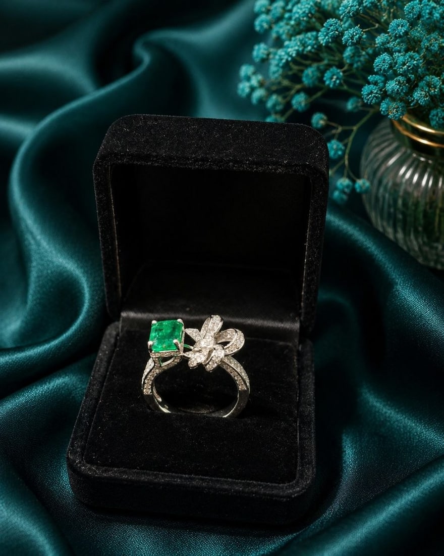 Natural Emerald Lab Diamond Bow Ring - 13
