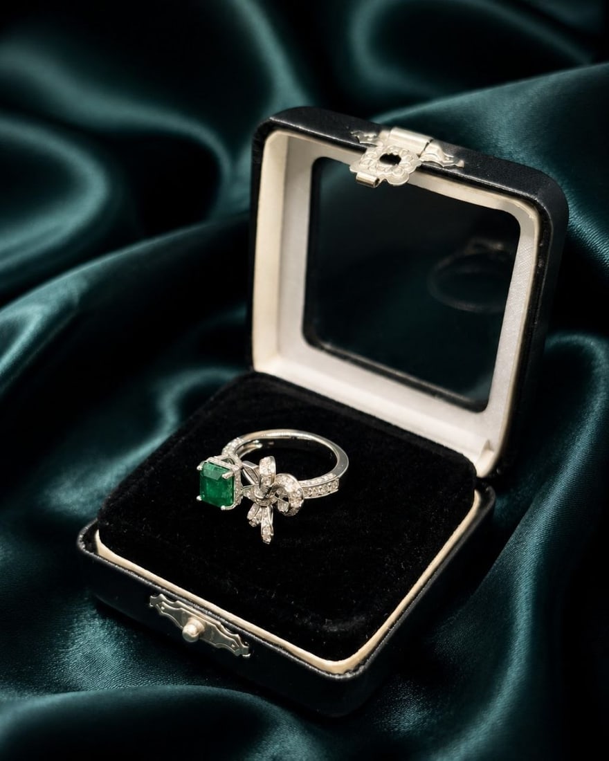 Natural Emerald Lab Diamond Bow Ring - 15