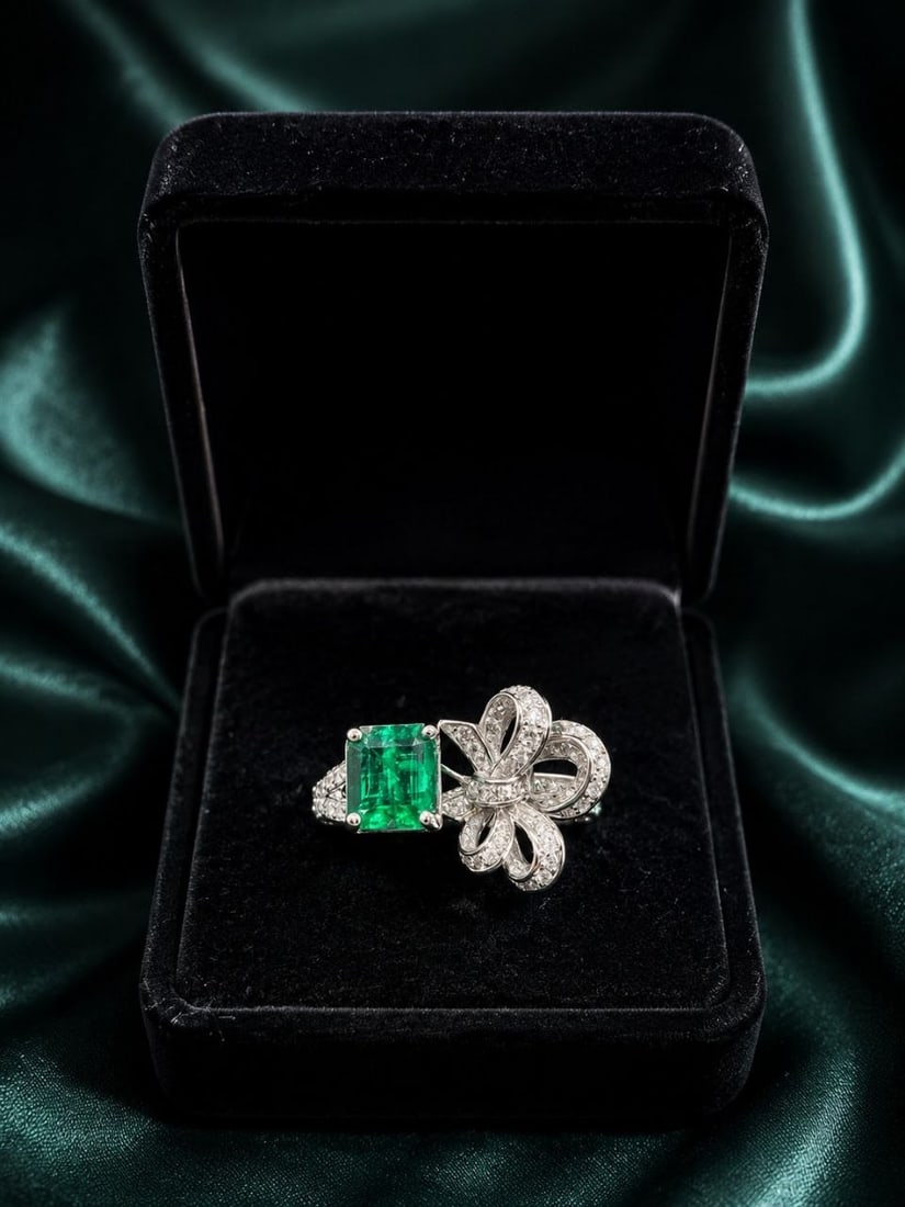 Natural Emerald Lab Diamond Bow Ring - 17