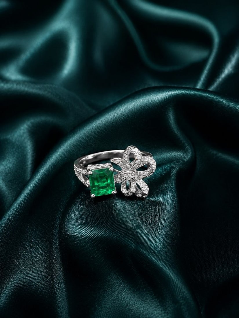 Natural Emerald Lab Diamond Bow Ring - 18