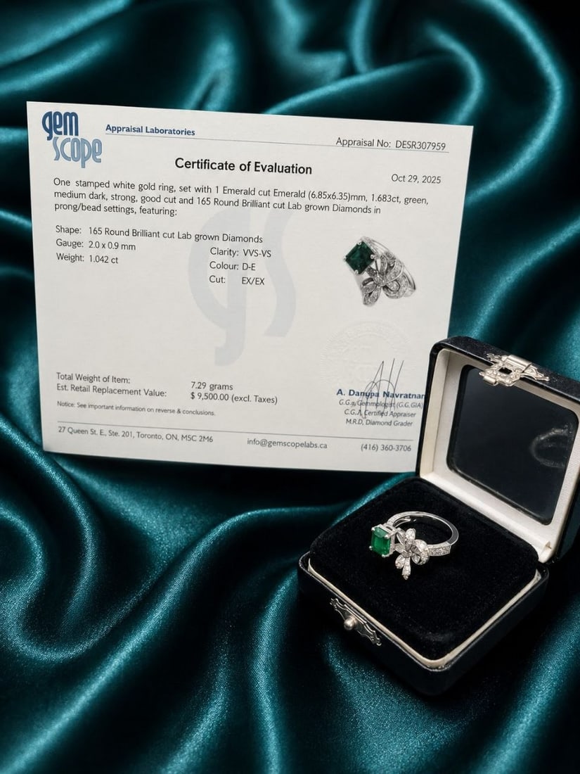 Natural Emerald Lab Diamond Bow Ring - 19