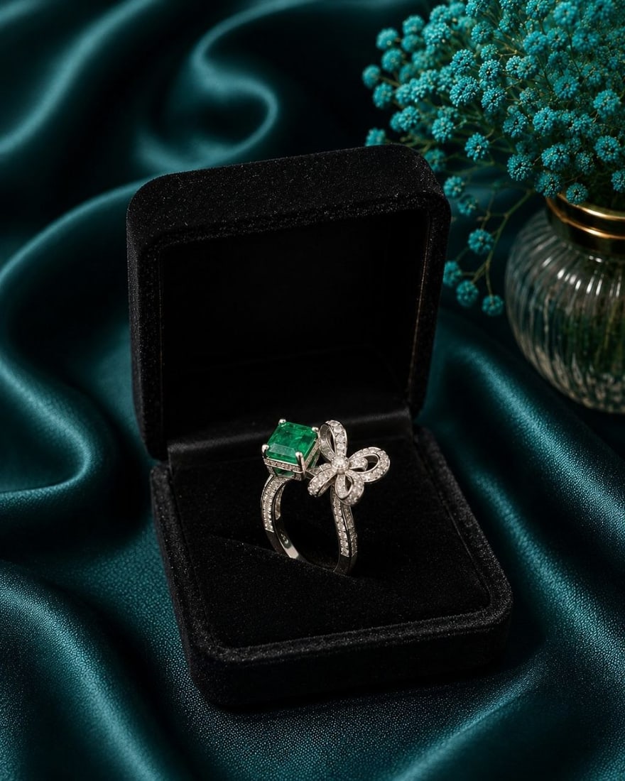 Natural Emerald Lab Diamond Bow Ring - 20