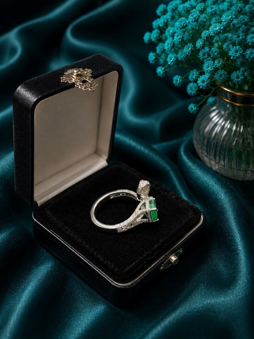 Natural Emerald Lab Diamond Bow Ring - 4