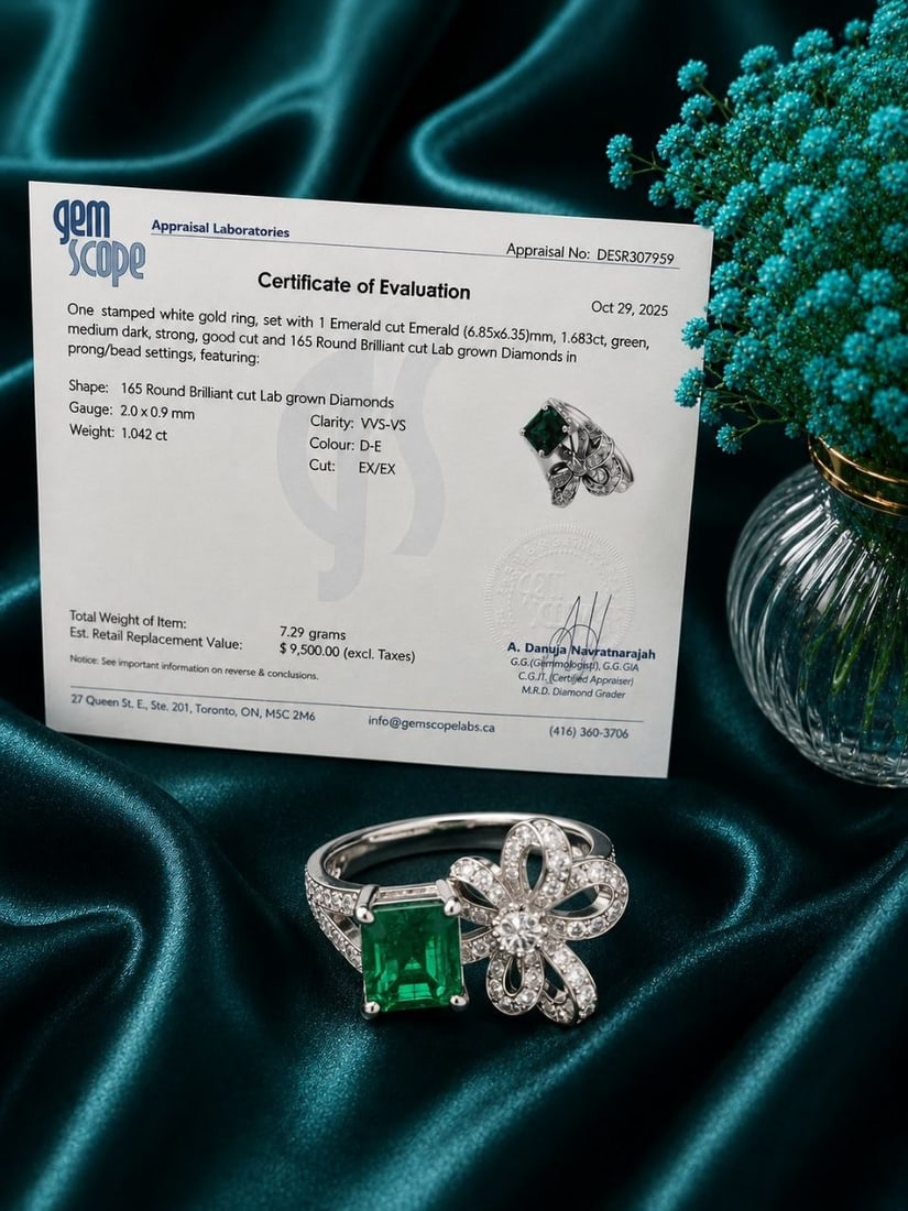 Natural Emerald Lab Diamond Bow Ring - 6
