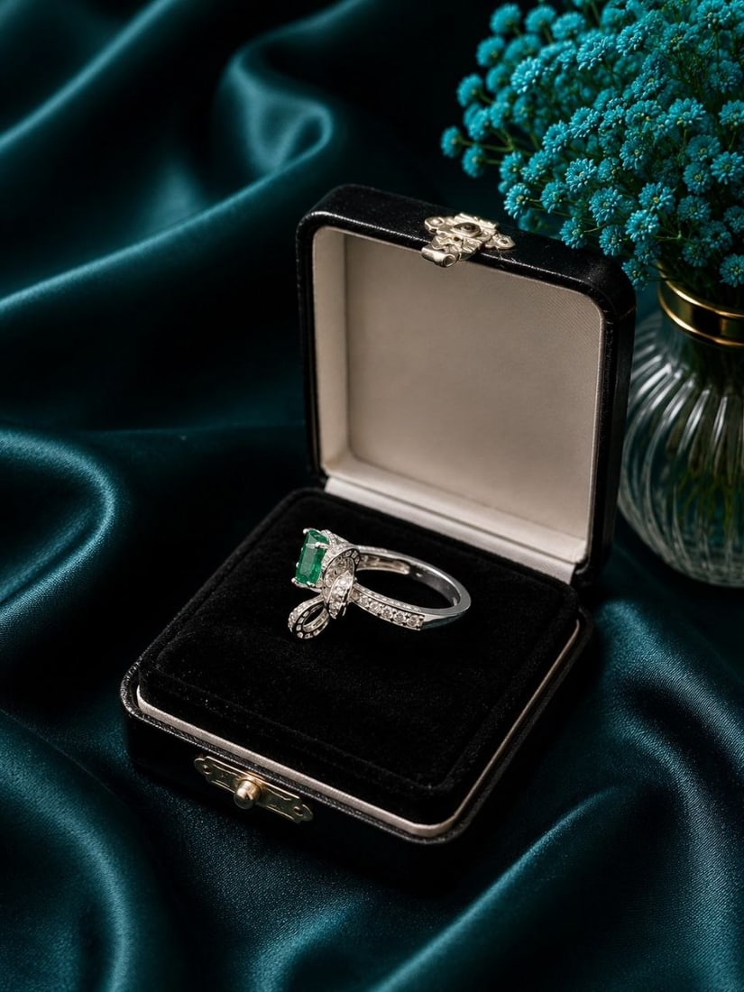 Natural Emerald Lab Diamond Bow Ring - 8