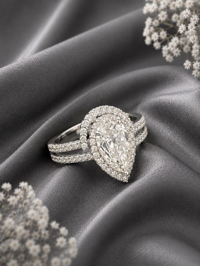 VS1 Pear Lab Diamond Split Shank 18K Ring - 7
