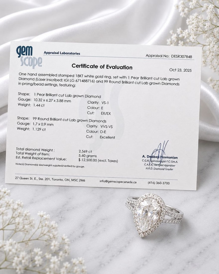 VS1 Pear Lab Diamond Split Shank 18K Ring - 9