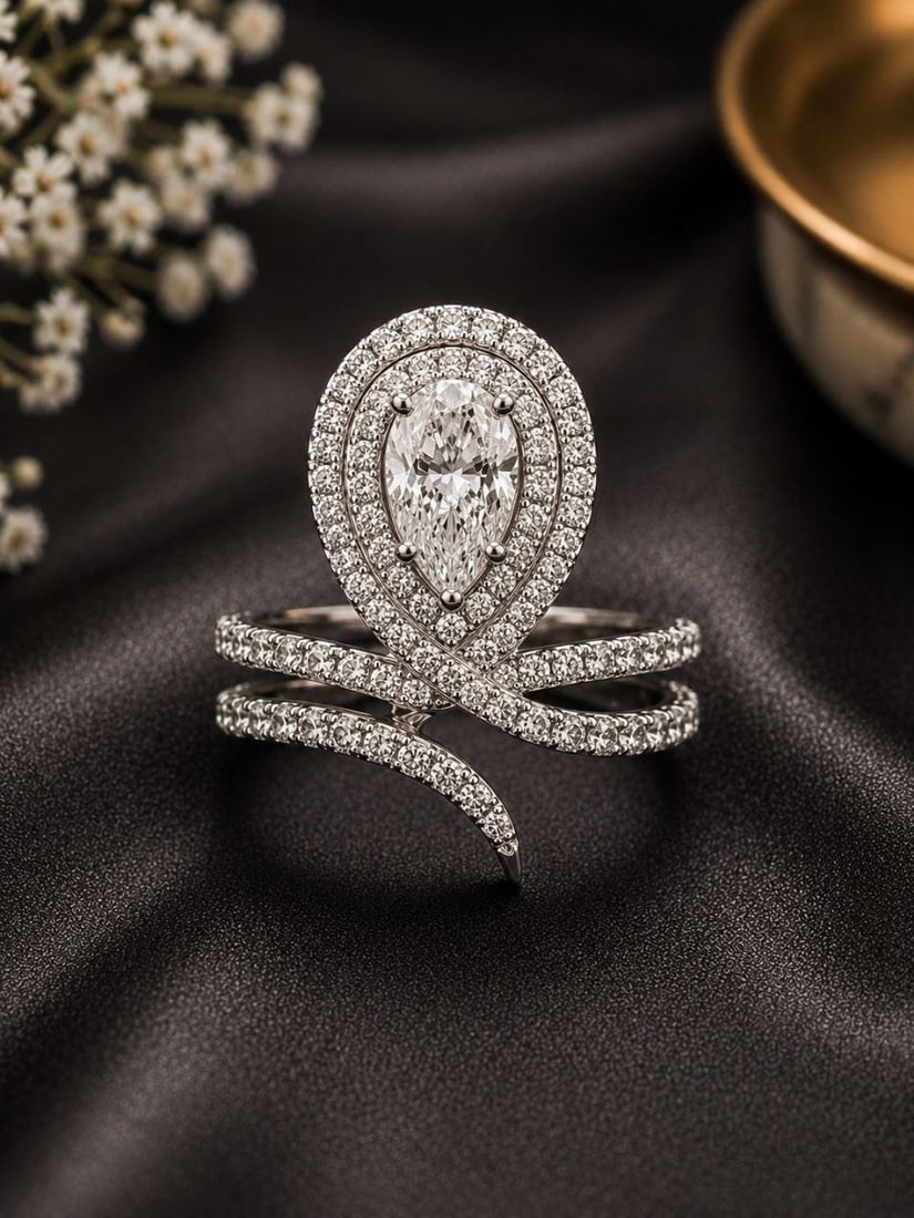 White Gold Pear Lab Diamond Bow Ring: NOTE: Additional lots may be added until the final day of the auction. Please check back regularly for updates and newly added items. Discover a truly distinctive fine jewellery creation with this Uni