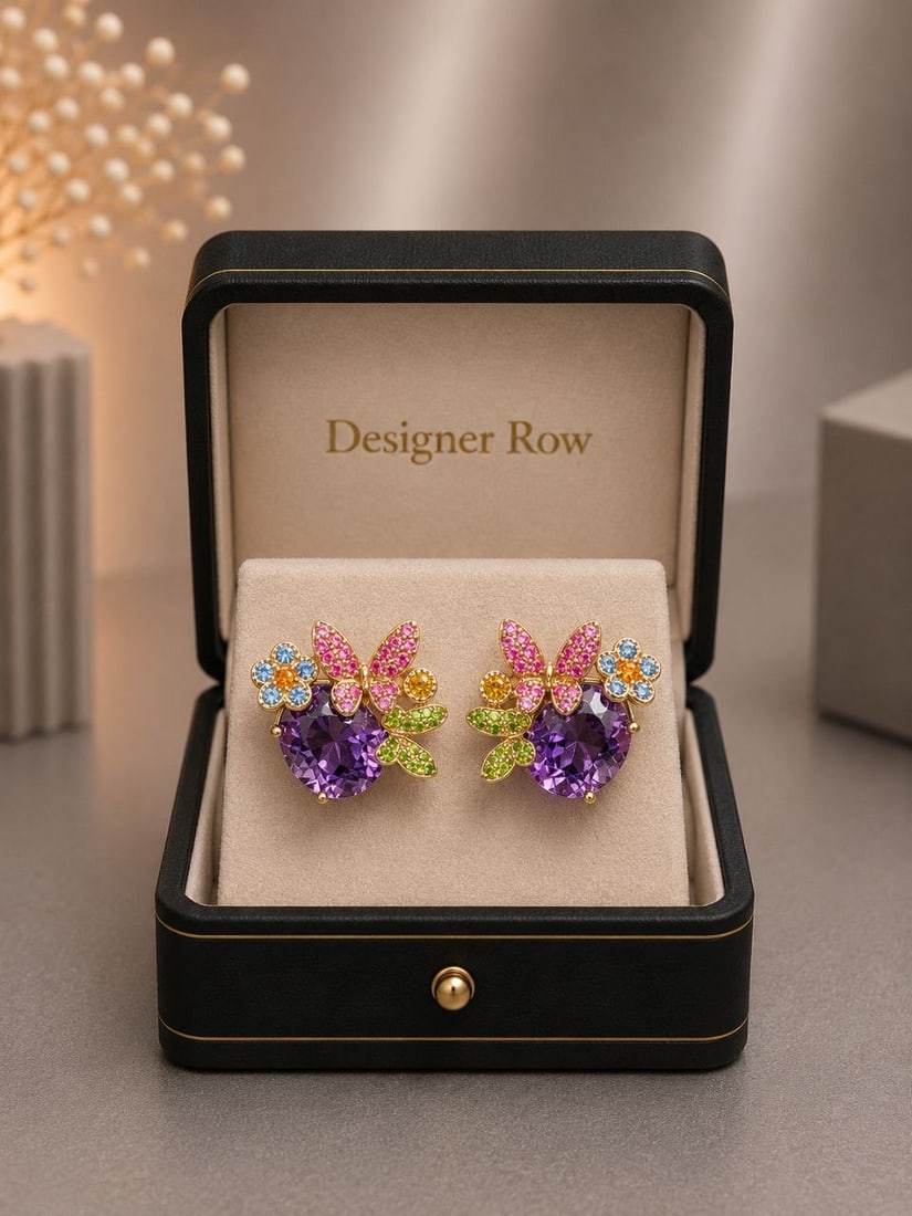 24K Gold Amethyst Sapphire Floral Earrings: NOTE: Additional lots may be added until the final day of the auction. Please check back regularly for updates and newly added items. Celebrate the beauty of nature with these Luxury Multi-Gemstone Fl