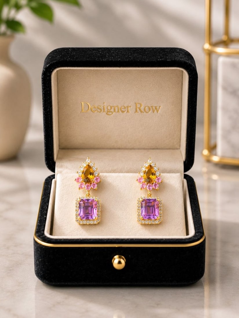18K Gold Amethyst & Tourmaline Drop Earrings: NOTE- Additional lots may be added until the final day of the auction. Please check back regularly for updates and newly added items. Sophisticated 18KT Gold Plated Amethyst, Tourmaline & Sapphire