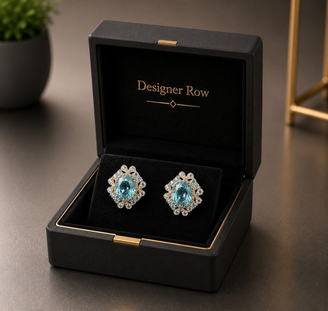 24K Gold Plated Blue Topaz Halo Earrings: NOTE- Additional lots may be added until the final day of the auction. Please check back regularly for updates and newly added items. Luxury 24KT Gold Plated Blue Topaz Double Halo Statement Earrings