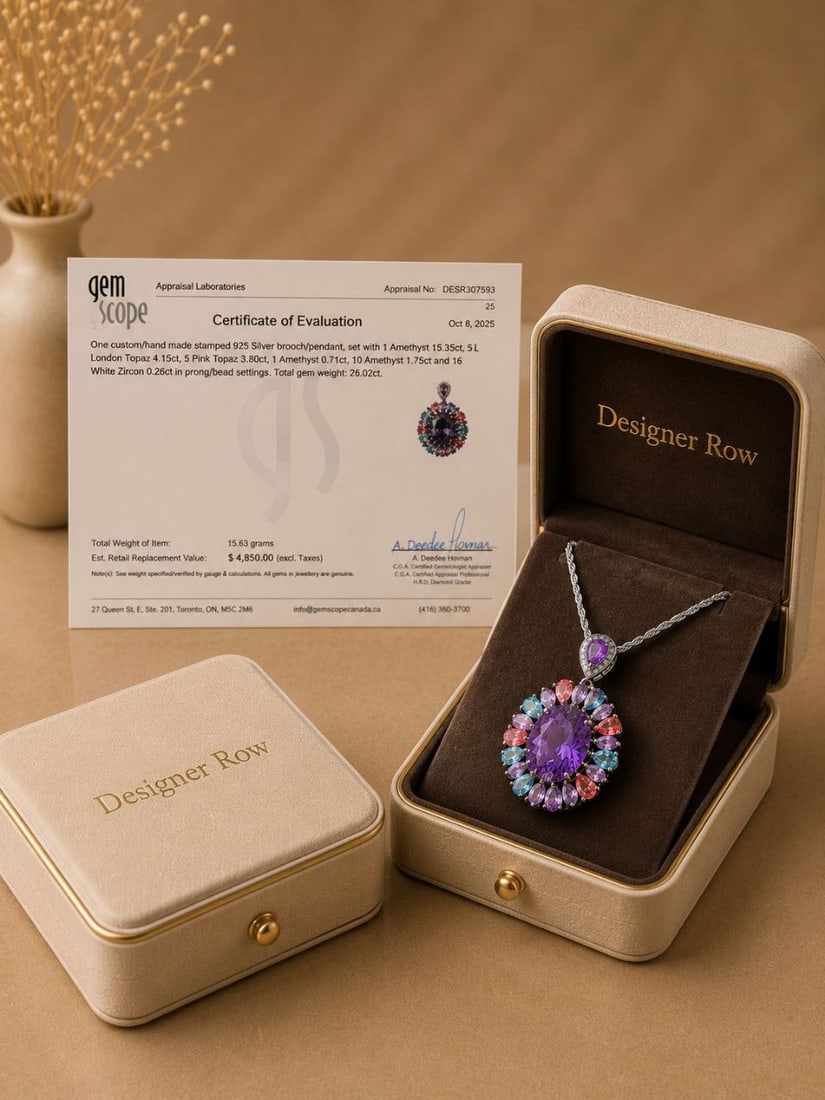 925 Silver Amethyst Brooch Pendant: NOTE: Additional lots may be added until the final day of the auction. Please check back regularly for updates and newly added items. One custom hand-made brooch/pendant, stamped 925 Sterling Silver, 