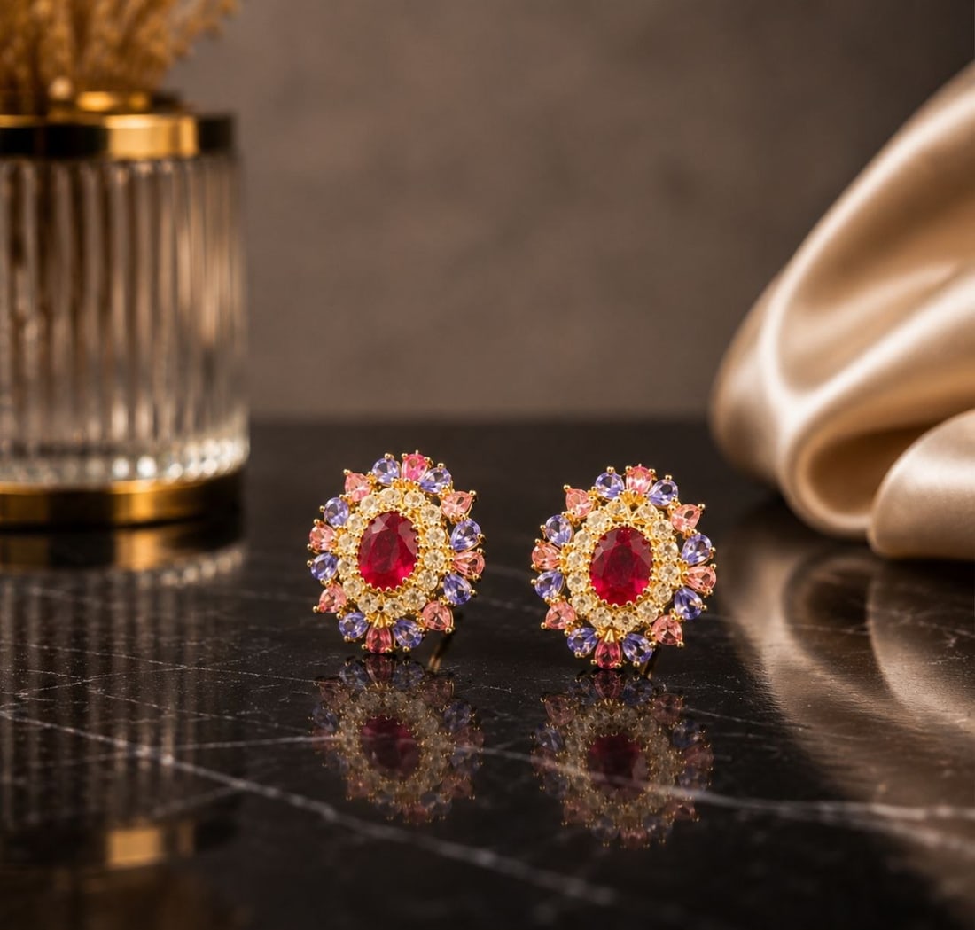 Ruby Tanzanite Pink Tourmaline Gold Earrings: NOTE: Additional lots may be added until the final day of the auction. Please check back regularly for updates and newly added items. A beautiful pair of custom handmade stud earrings crafted in 925 S