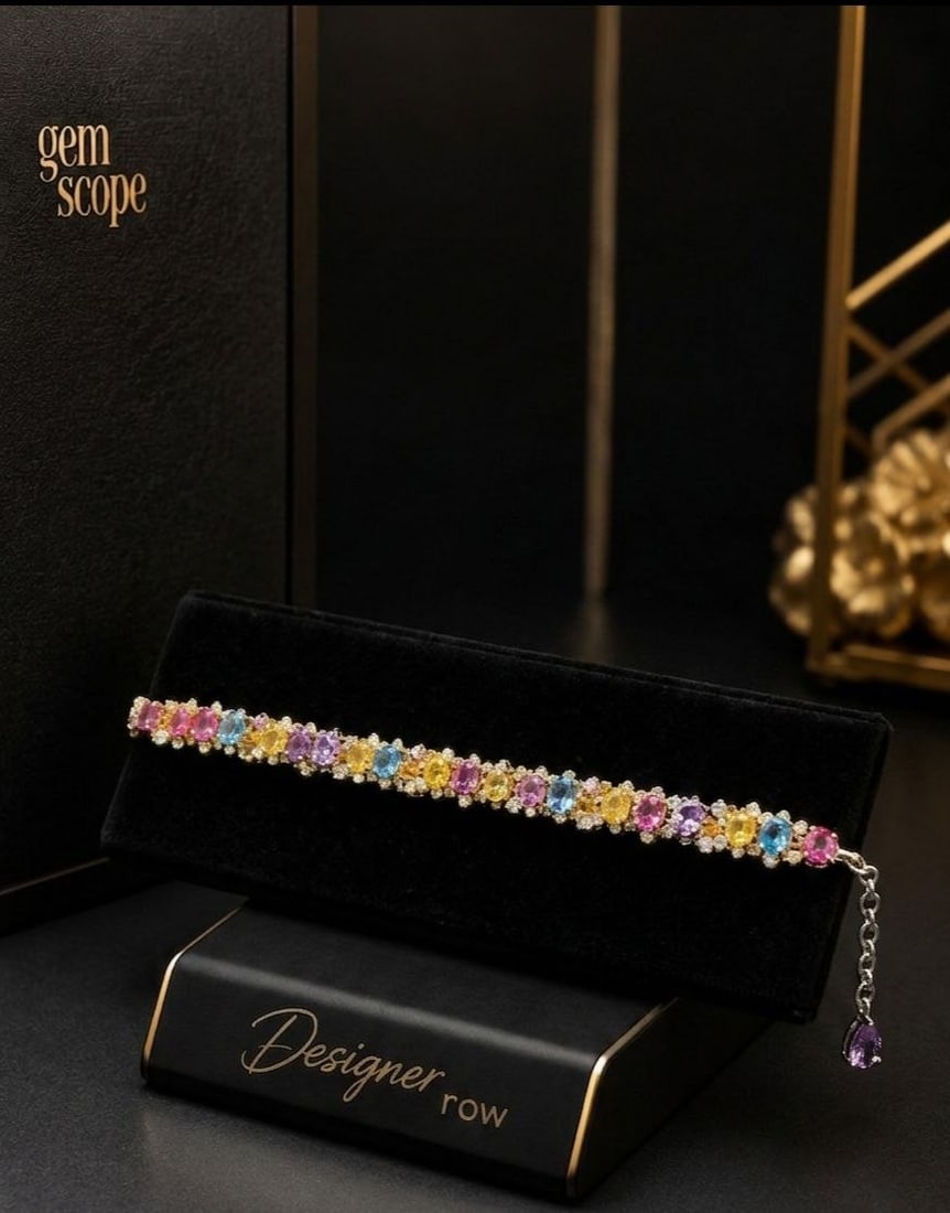 Multi-Gem Rainbow 925 Gold Silver Bracelet: NOTE: Additional lots may be added until the final day of the auction. Please check back regularly for updates and newly added items. A vibrant custom handmade bracelet crafted in 925 Sterling Silver 