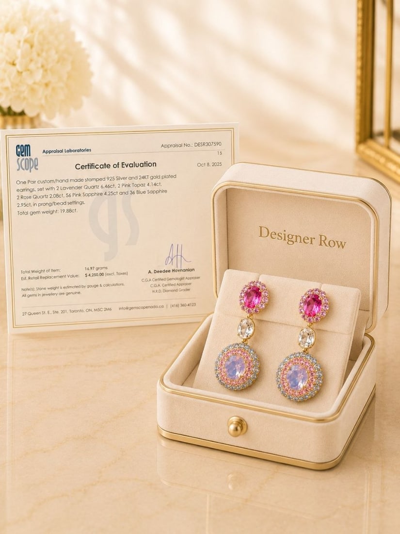 Lavender Quartz Pink Sapphire Drop Earrings: NOTE: Additional lots may be added until the final day of the auction. Please check back regularly for updates and newly added items. A breathtaking pair of custom handmade tiered drop earrings crafte