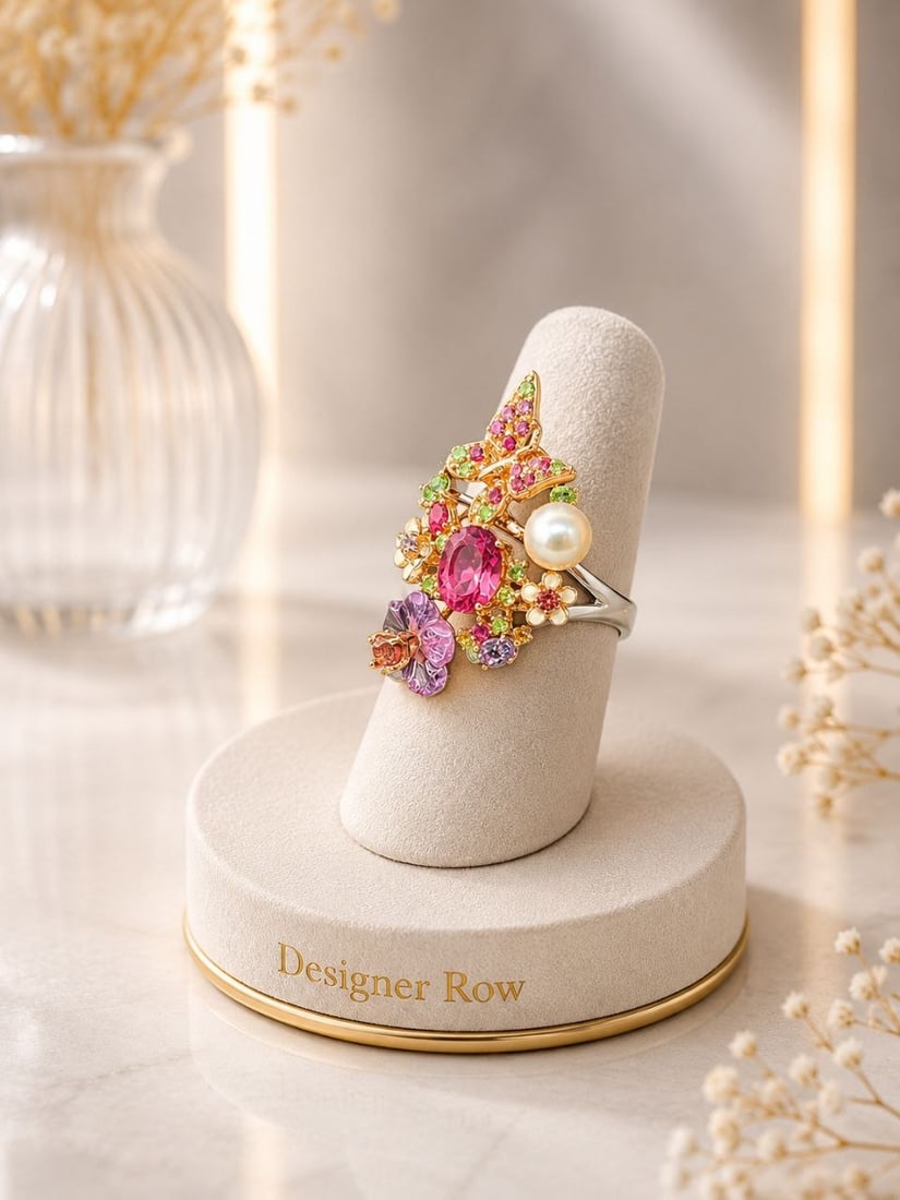 18K Gold Tourmaline & Pearl Floral Ring: NOTE- Additional lots may be added until the final day of the auction. Please check back regularly for updates and newly added items. Delicate yet richly detailed, this nature-inspired cocktail ring c