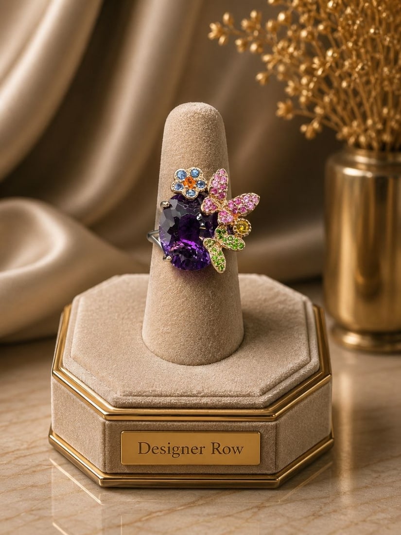 24K Gold Amethyst Floral Butterfly Ring: NOTE- Additional lots may be added until the final day of the auction. Please check back regularly for updates and newly added items. Playful and artistic, this one-of-a-kind cocktail ring combines a 