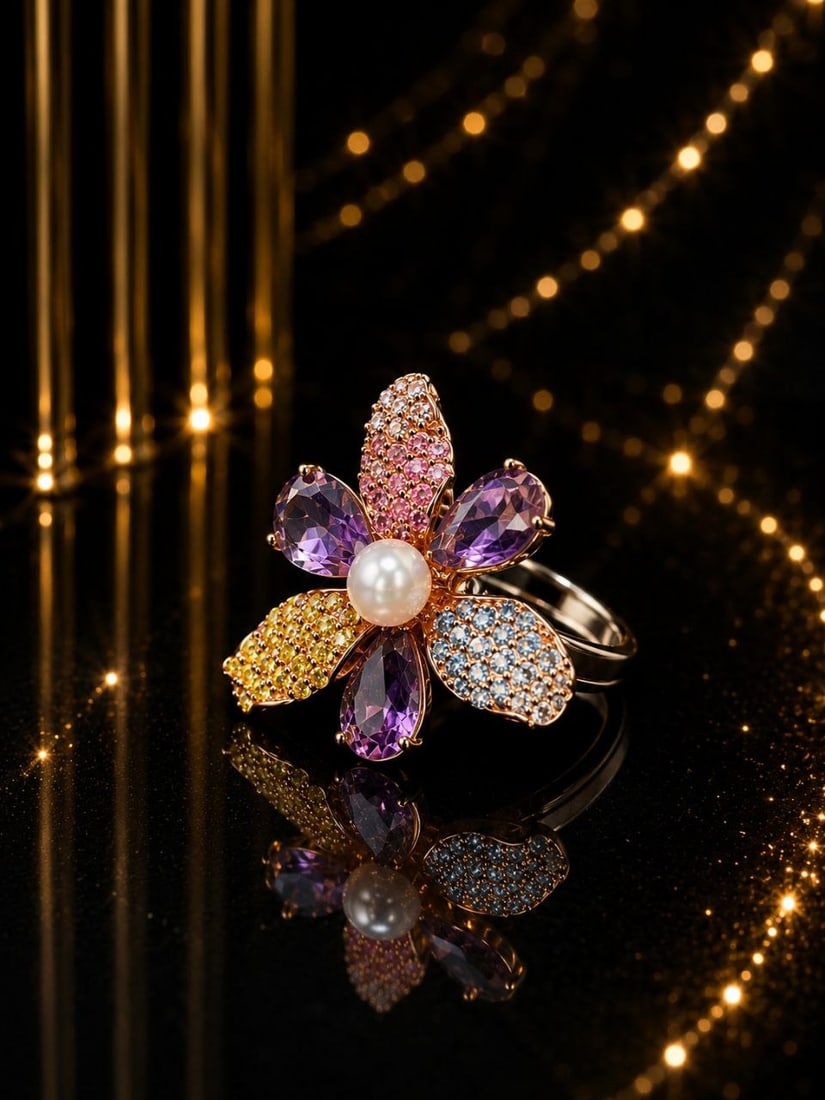 925 Silver Amethyst Pearl Flower Ring: NOTE- Additional lots may be added until the final day of the auction. Please check back regularly for updates and newly added items. Bursting with vibrant color and whimsical charm, this handcrafted 