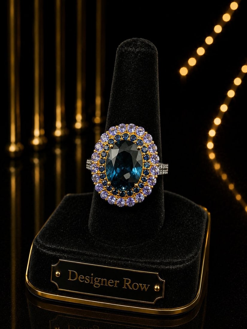 24K Gold London Blue Topaz Halo Ring: NOTE- Additional lots may be added until the final day of the auction. Please check back regularly for updates and newly added items. Bold, elegant, and irresistibly dramatic, this handcrafted cocktai