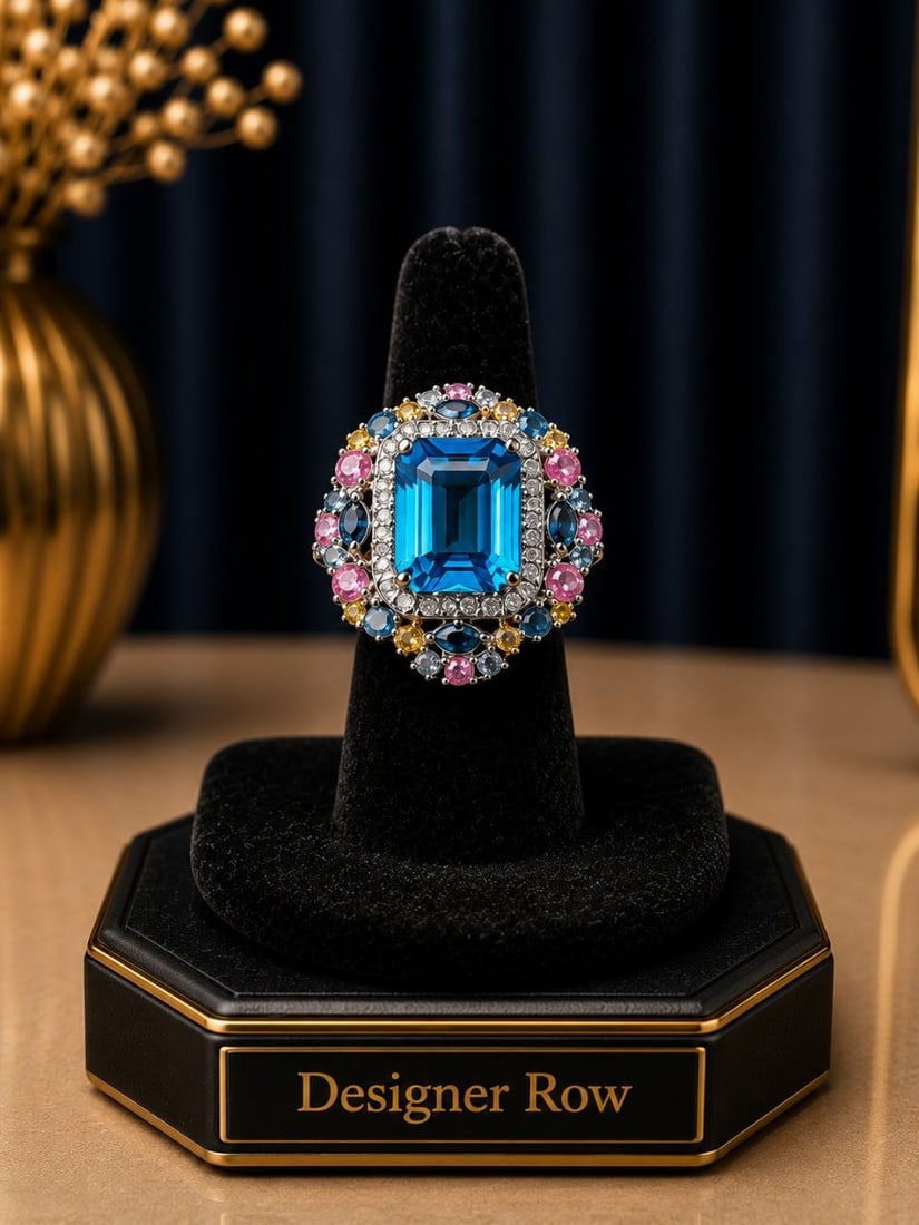 Gold Blue Topaz Multi-Sapphire Ring: NOTE- Additional lots may be added until the final day of the auction. Please check back regularly for updates and newly added items. Bold and brilliant, this handcrafted cocktail ring showcases a str