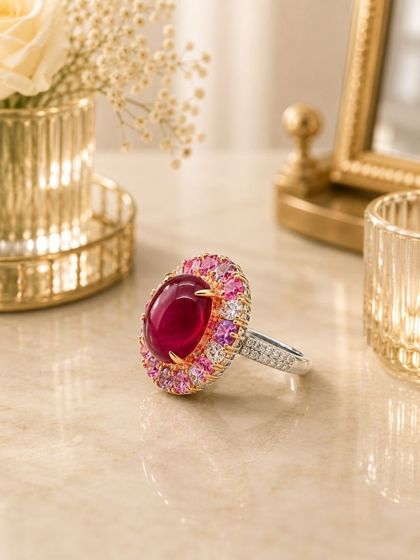 24K Gold Ruby Cabochon & Fancy Sapphire Ring: NOTE- Additional lots may be added until the final day of the auction. Please check back regularly for updates and newly added items. Deep, luminous, and rich with color, this handcrafted cocktail rin
