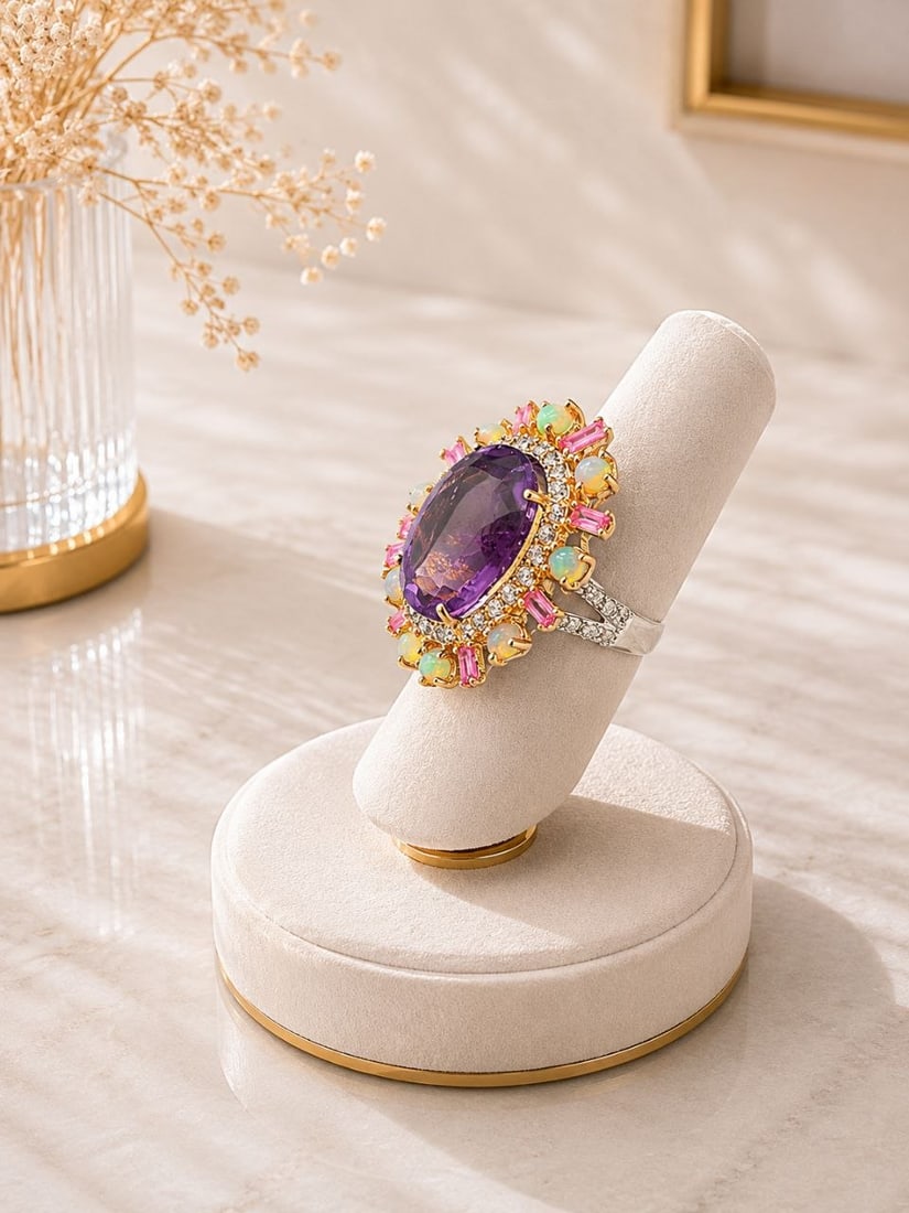 Natural Amethyst Opal Sapphire 925 Gold Ring (1 of 14)