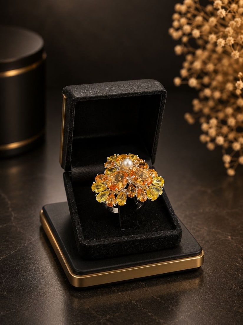 Sunset Quartz Citrine Pearl 925 Gold Ring: NOTE- Additional lots may be added until the final day of the auction. Please check back regularly for updates and newly added items. Radiant Sunset Quartz, Citrine & Pearl Cluster Ring Inspired by th