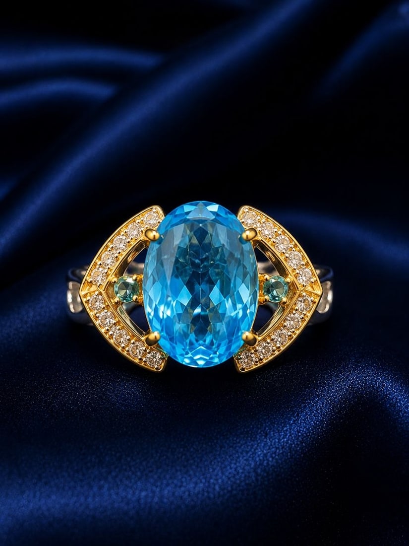 Ocean Blue Topaz White Zircon Gem Ring 925 (1 of 15)