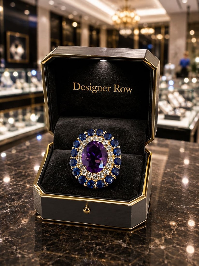 Amethyst Sapphire Gold Plated Ring: NOTE- Additional lots may be added until the final day of the auction. Please check back regularly for updates and newly added items. Amethyst, Blue Sapphire & White Zircon Halo Ring in 24KT Gold