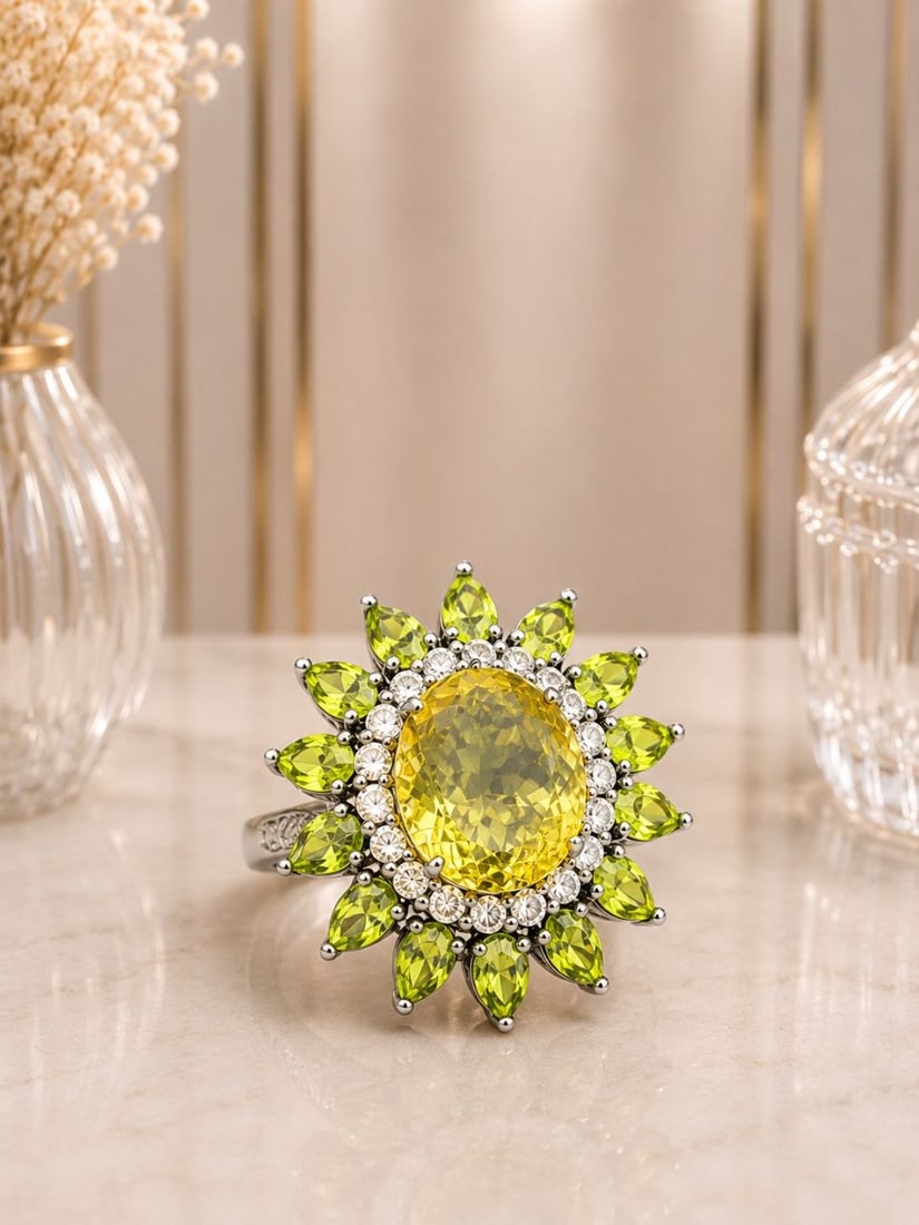 Lemon Quartz Peridot White Zircon Silver Ring: NOTE- Additional lots may be added until the final day of the auction. Please check back regularly for updates and newly added items. Certified Lemon Quartz, Peridot & White Zircon Cluster Ring in