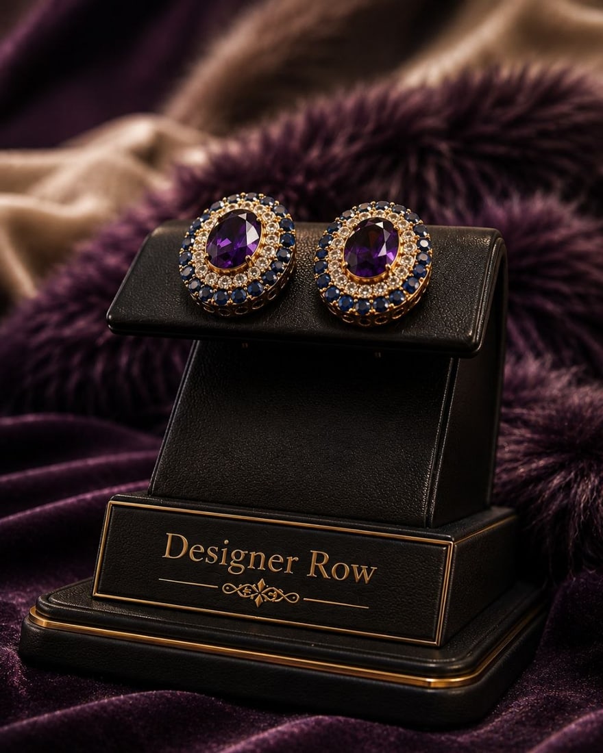 Amethyst & Blue Sapphire Earrings: NOTE- Additional lots may be added until the final day of the auction. Please check back regularly for updates and newly added items. Amethyst, Blue Sapphire & White Zircon Halo Earrings in 24KT Gold