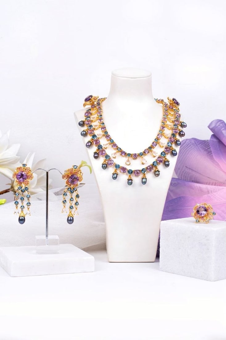 Handcrafted Amethyst Floral Jewelry Set: NOTE - Additional lots may be added until the final day of the auction. Please check back regularly for updates and newly added items. This exceptional handcrafted jewelry suite featuring a necklace,