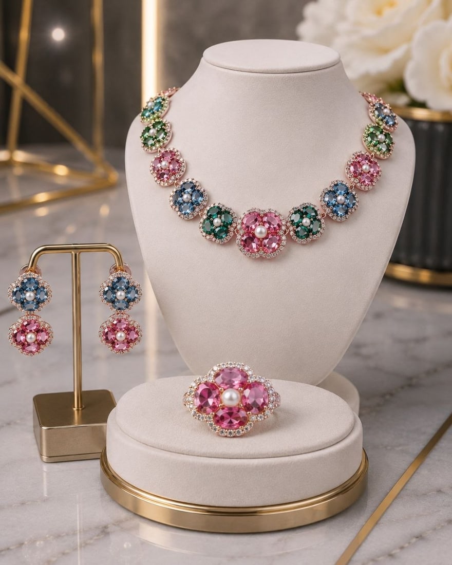 Pink Topaz & London Blue Jewelry Set: NOTE - Additional lots may be added until the final day of the auction. Please check back regularly for updates and newly added items. This exquisite handcrafted jewelry suite featuring a necklace, ea
