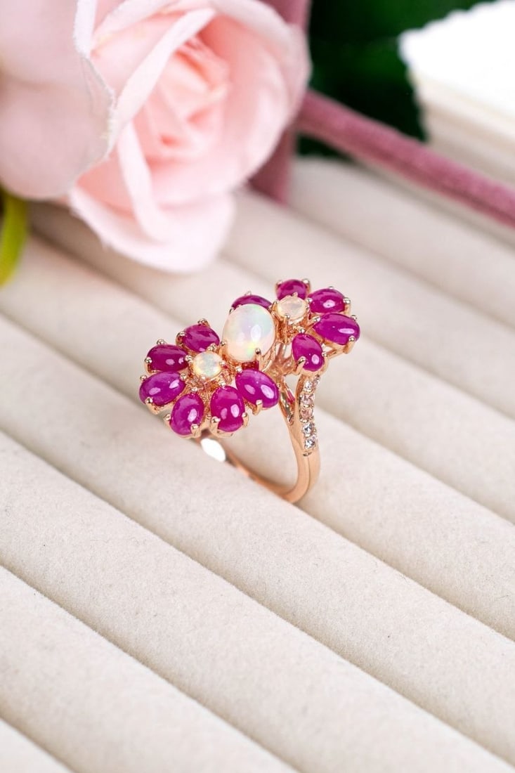 Handcrafted Opal Ruby Floral Ring - 10