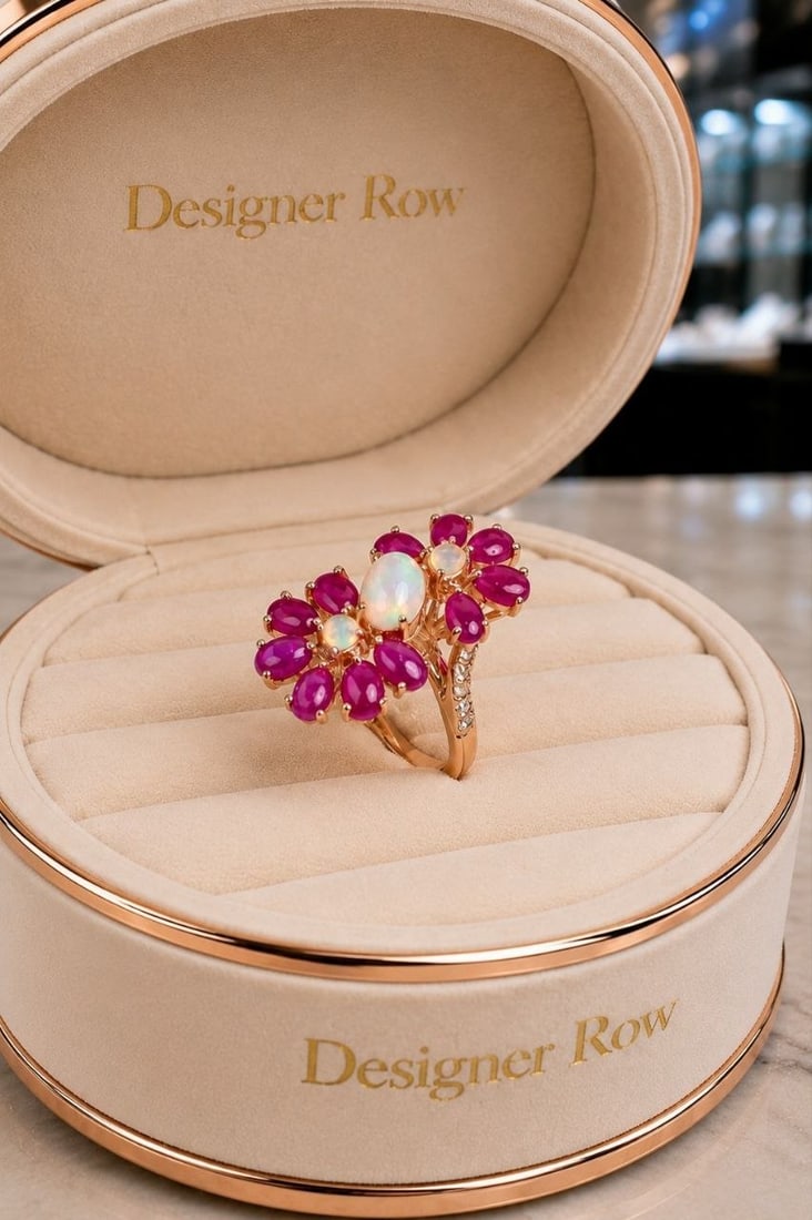 Handcrafted Opal Ruby Floral Ring - 11
