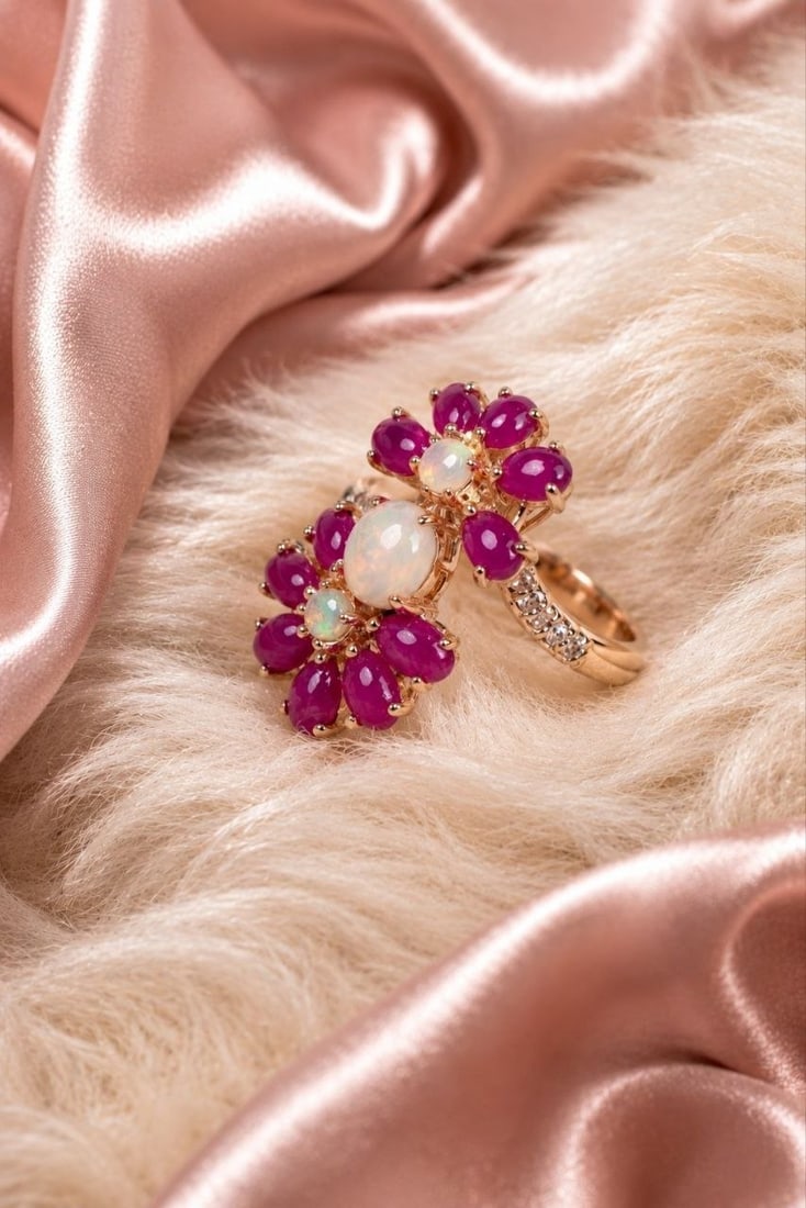 Handcrafted Opal Ruby Floral Ring - 12