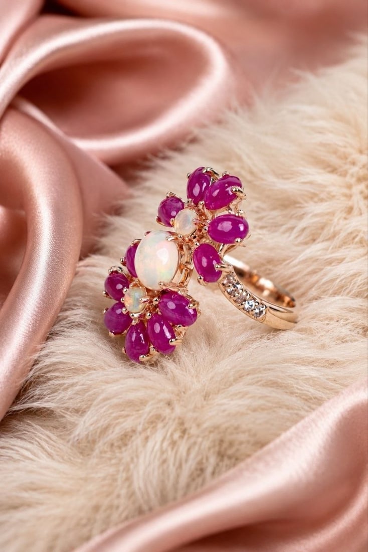 Handcrafted Opal Ruby Floral Ring - 13