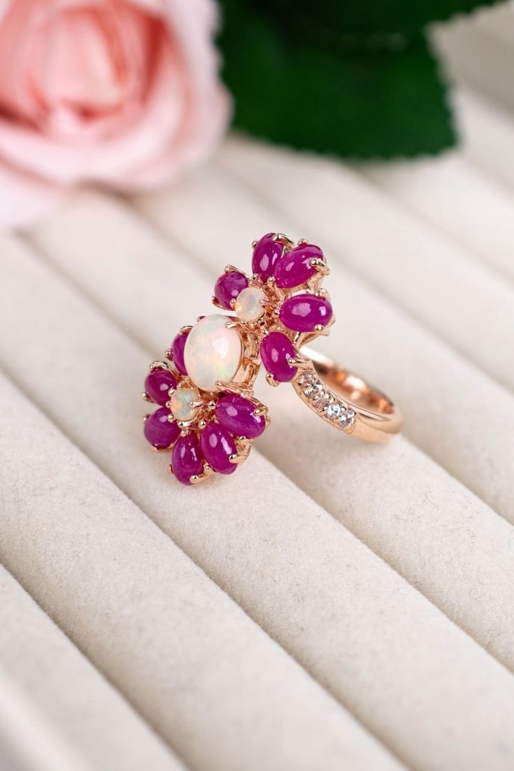 Handcrafted Opal Ruby Floral Ring - 14